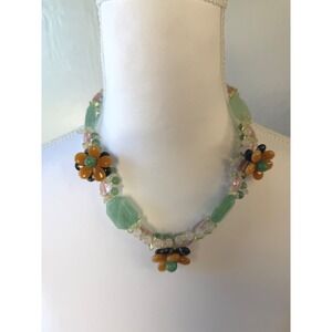 Vintage Style Multi Strand Beaded Flower Gemstone Necklace‎ Green Pink Boho